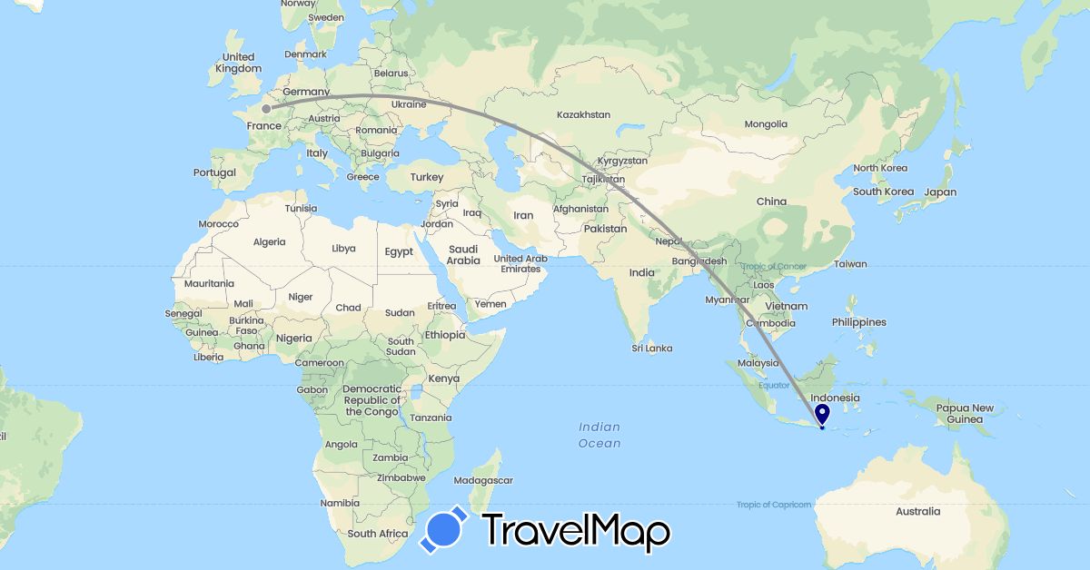 TravelMap itinerary: driving, plane, boat in France, Indonesia, Thailand (Asia, Europe)